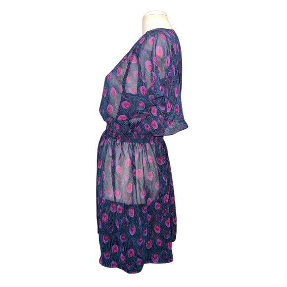 As U Wish Womens Sheer Peacock Feather Print Swim Cover Dress Sz Large V-Neck Fl - Picture 7 of 12